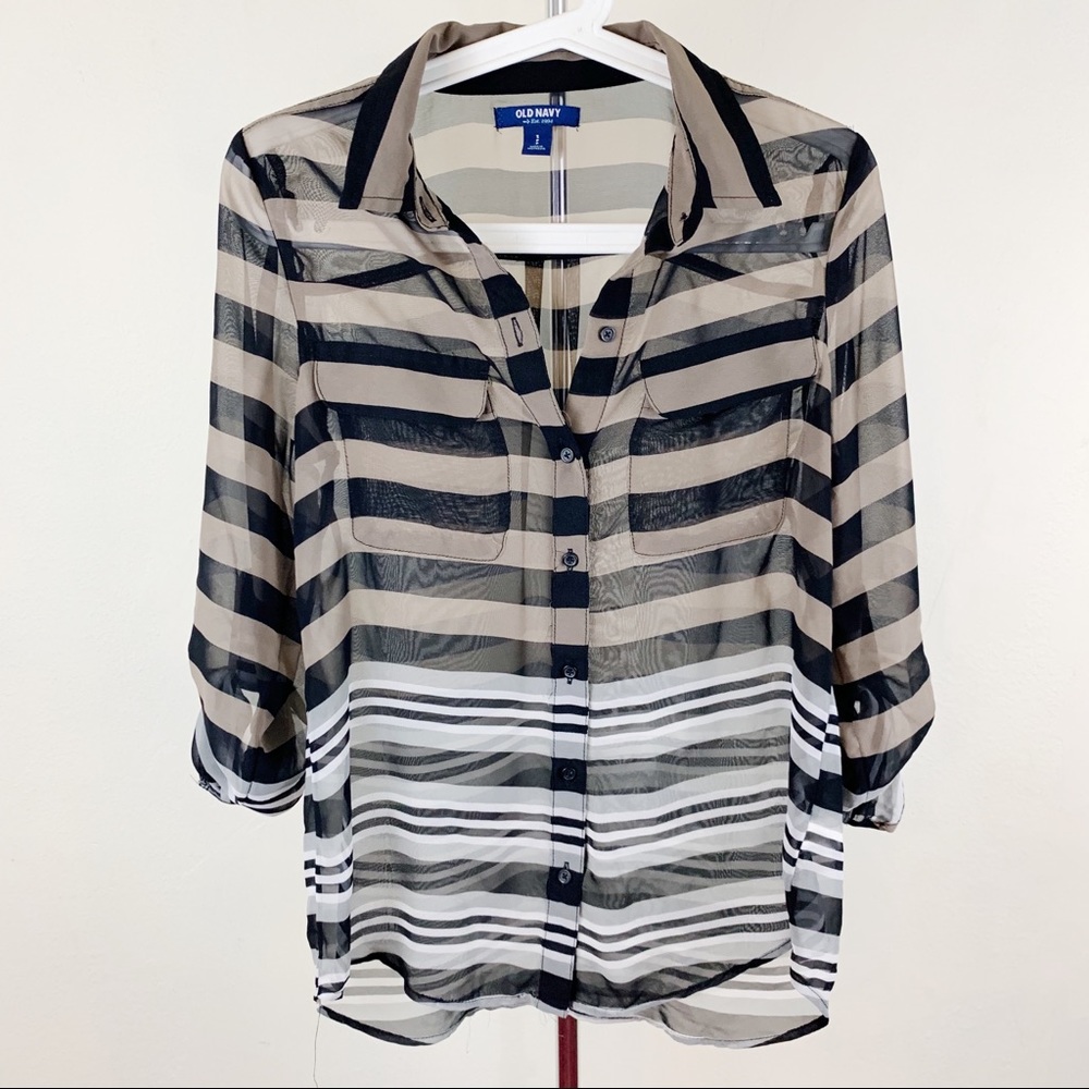 Sheer Striped Button Down Top
